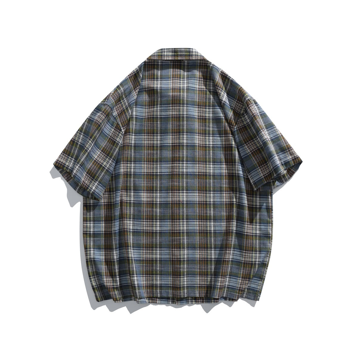 Back view of a short-sleeve button-up shirt in blue, gray, cream and green plaid.