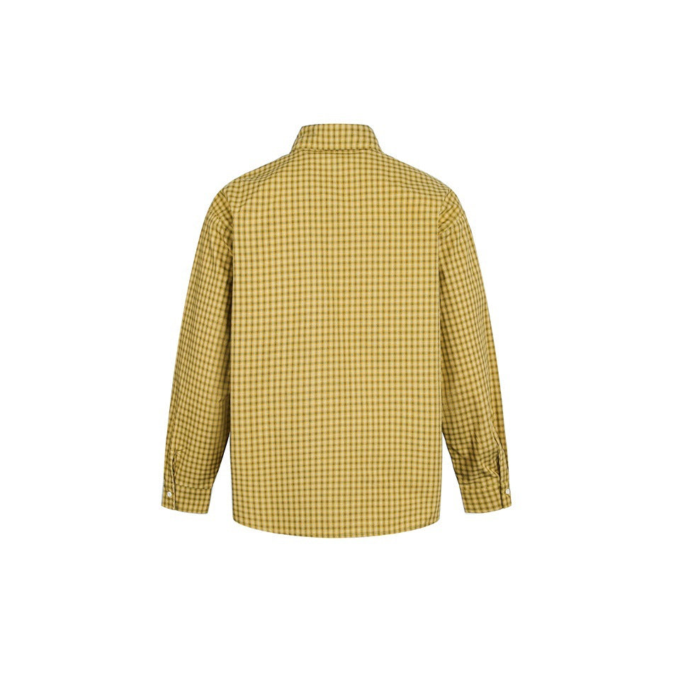 Back view of a mustard-yellow and brown plaid long-sleeve button-up shirt on a white background.