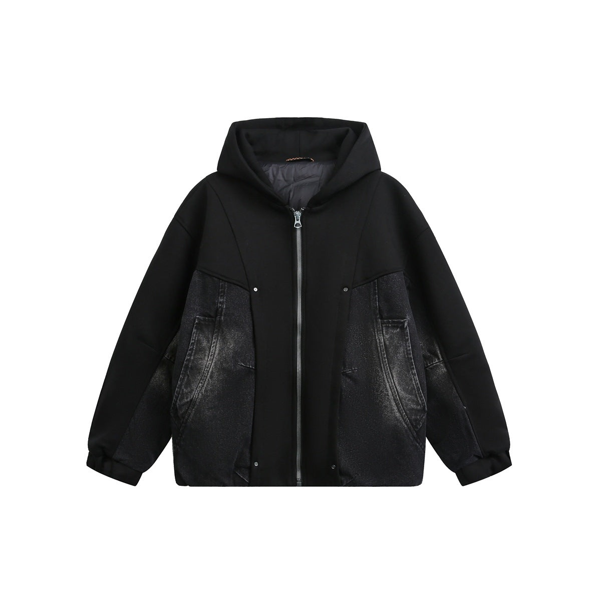 Black hooded zip jacket with washed black denim-look panels and elastic cuffs, front view on plain background
