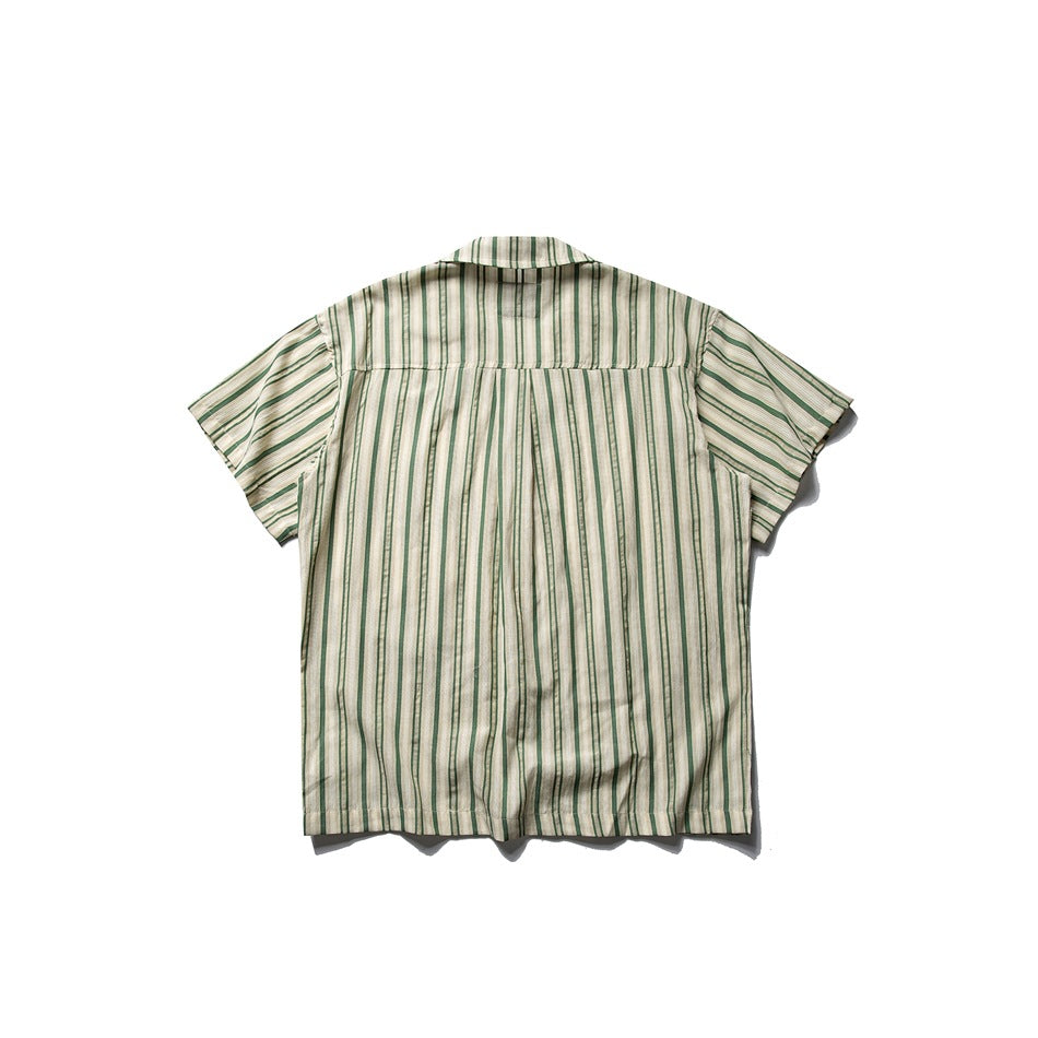 Back view of a cream shirt with green vertical stripes, short sleeves, and a back yoke.