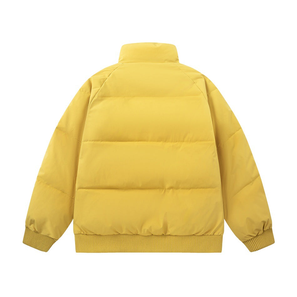 Back view of yellow puffer jacket with stand collar, horizontal quilted channels and ribbed cuffs and hem