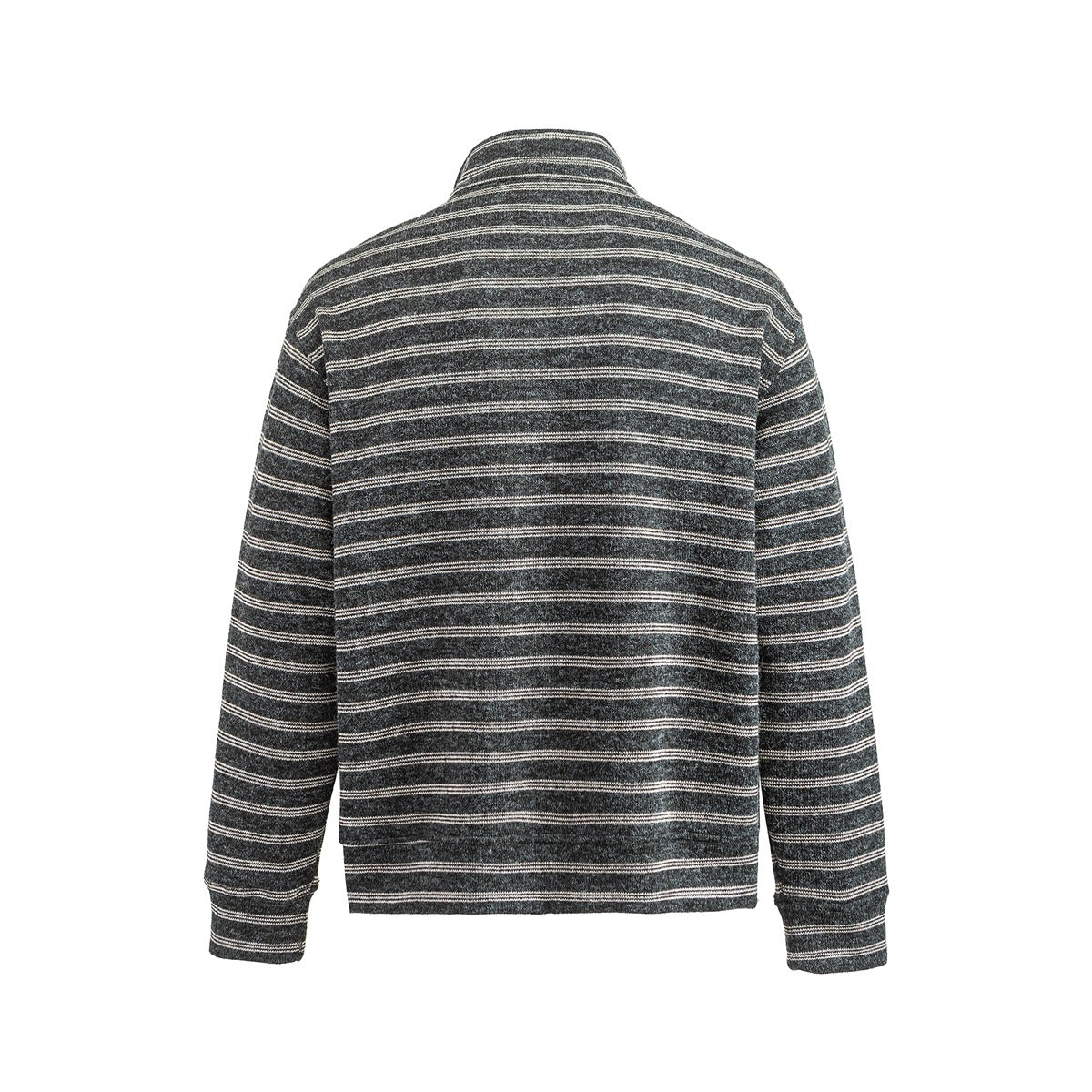 Back view of a charcoal pullover with thin horizontal cream stripes, long sleeves, and a stand collar.