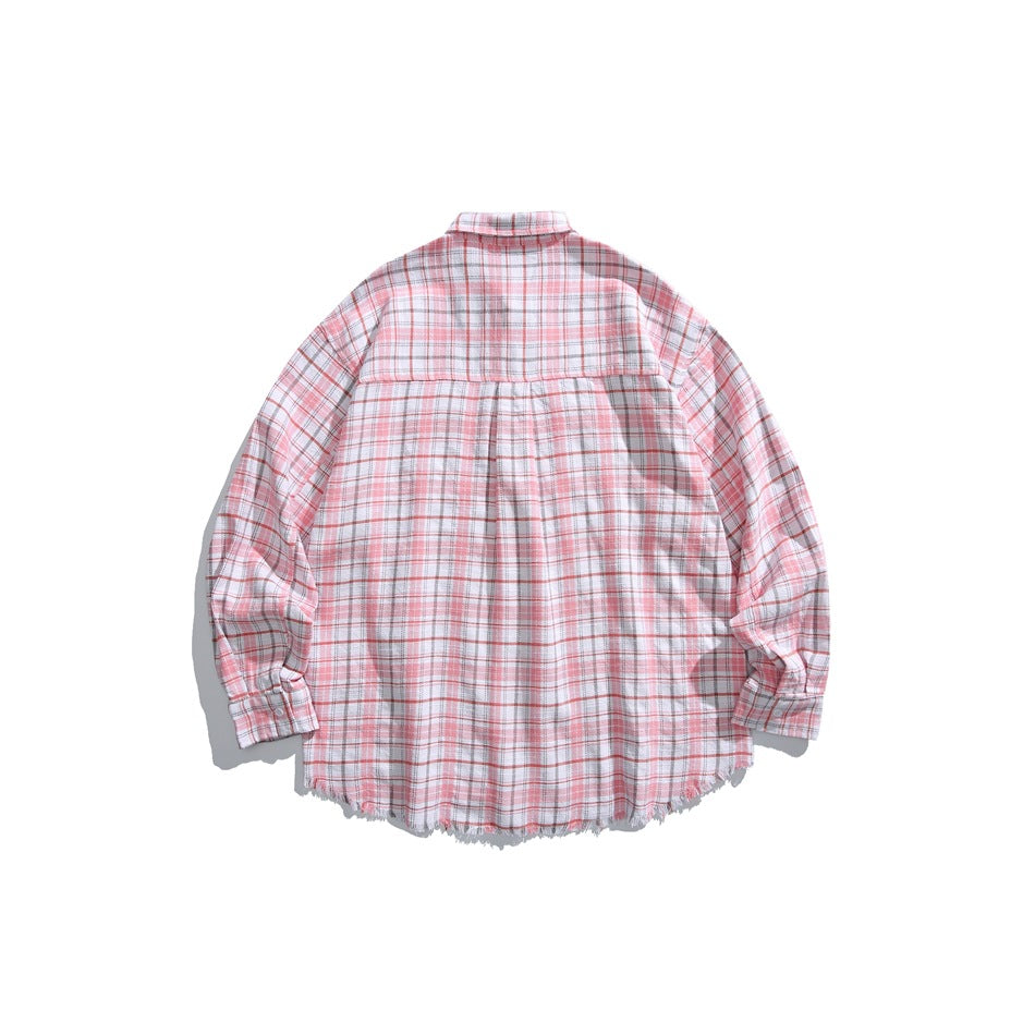 Back view of a pink, gray, and white plaid button-up shirt with a yoke and frayed hem.