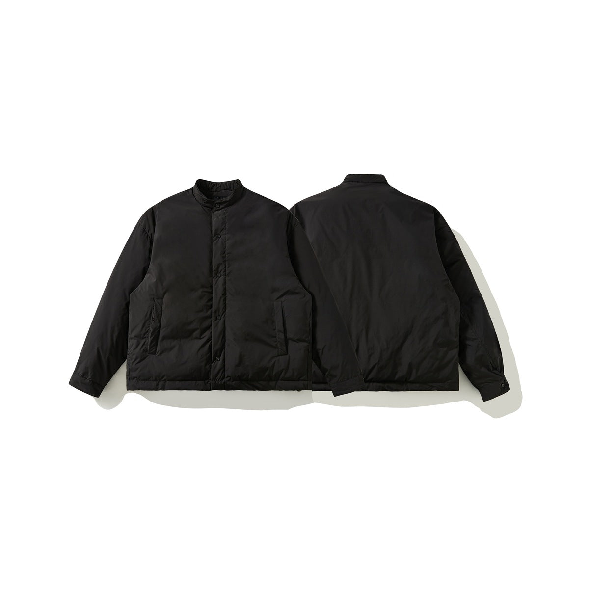Black stand-collar jacket shown from the front and back, with long sleeves and front pockets.