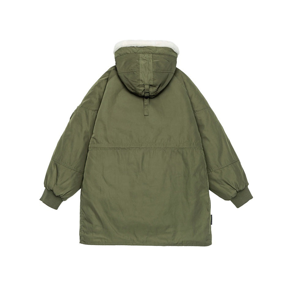Back view of an olive green parka with a white faux-fur-trimmed hood and ribbed cuffs.