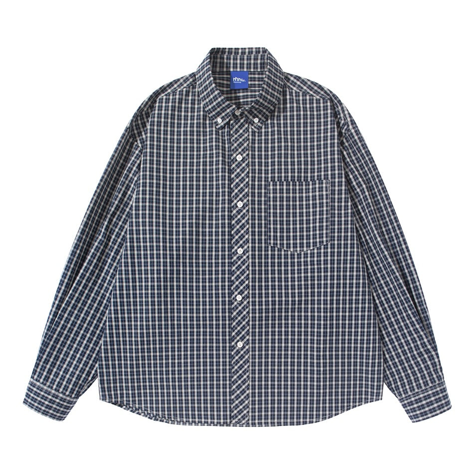 Flat front view of a navy and white plaid button-down shirt with chest pocket, buttoned cuffs and small blue collar label