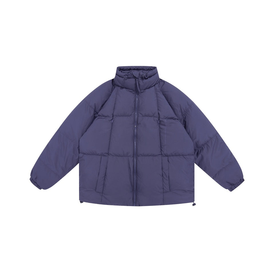 Deep blue-violet quilted puffer jacket with stand collar and front zipper, flat front view