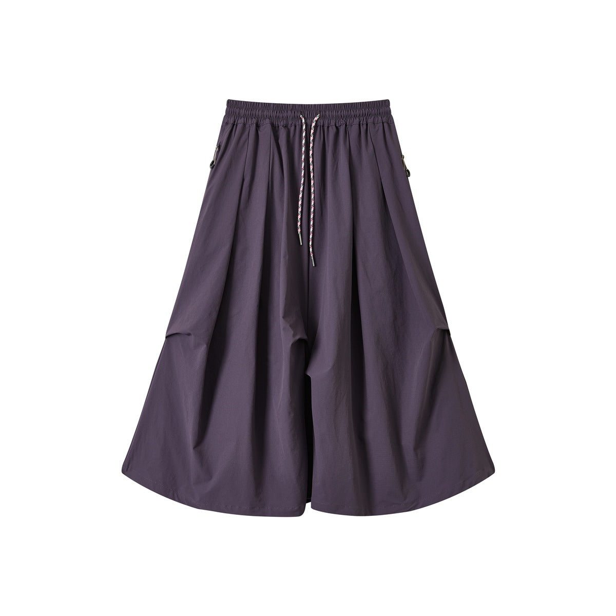 Purple wide flared skirt with elastic waist, multicolor drawstring and side zipper pulls, flat view