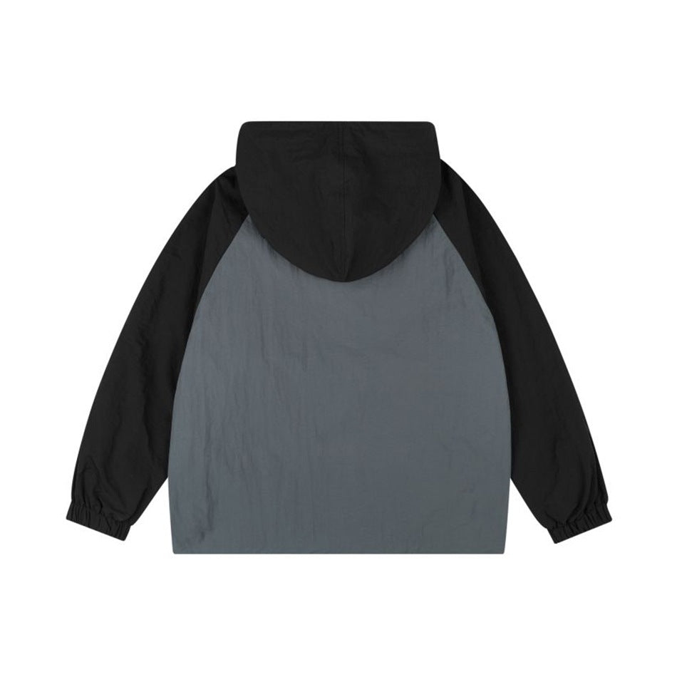 Back view of gray and black color-block hooded jacket with black raglan sleeves, hood and elastic cuffs