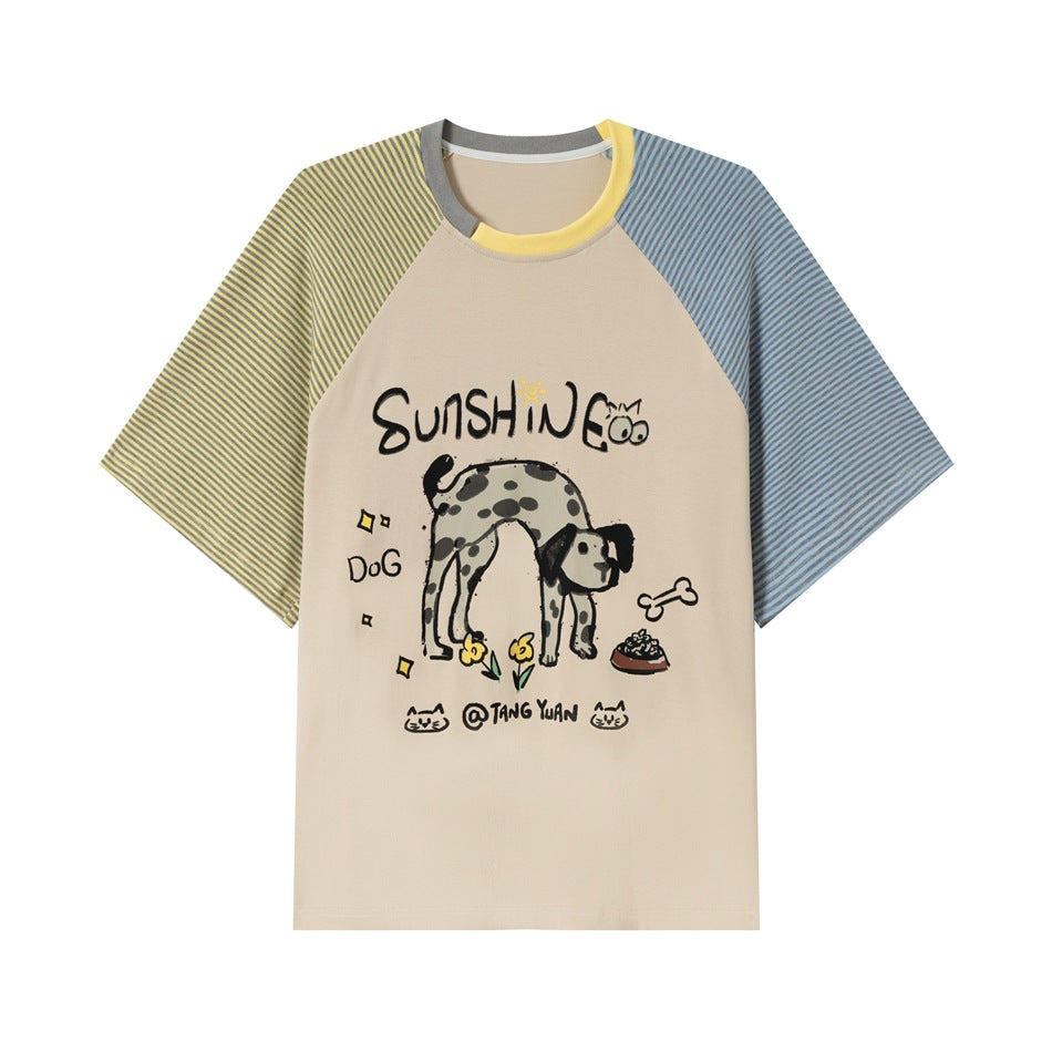 Beige raglan T-shirt with yellow and blue striped sleeves and a spotted dog print with SUNSHINE lettering