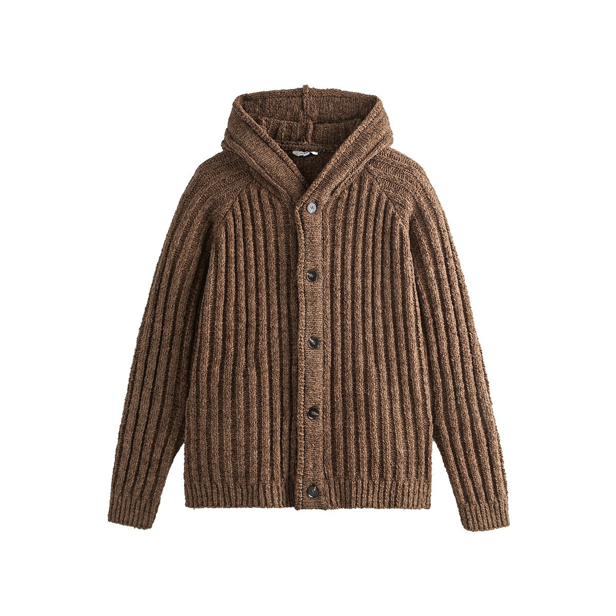 Brown chunky ribbed knit hooded cardigan with button front, flat front view
