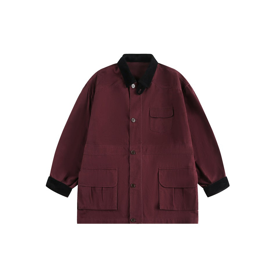 Front view of a burgundy jacket with a black collar and cuffs, button closure, chest pocket, and two lower pockets.