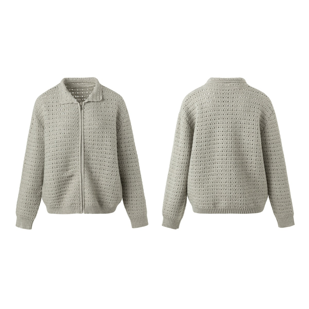 Light gray textured zip-front cardigan shown from the front and back, with a collar, long sleeves, and ribbed trim.