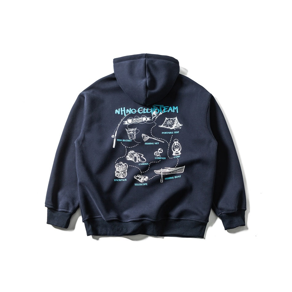 Back of a navy hooded sweatshirt with a teal and white camping and fishing illustrated print