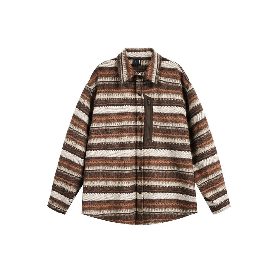 Brown, rust and cream horizontal striped shirt jacket with snap buttons and a zippered chest pocket, flat front view