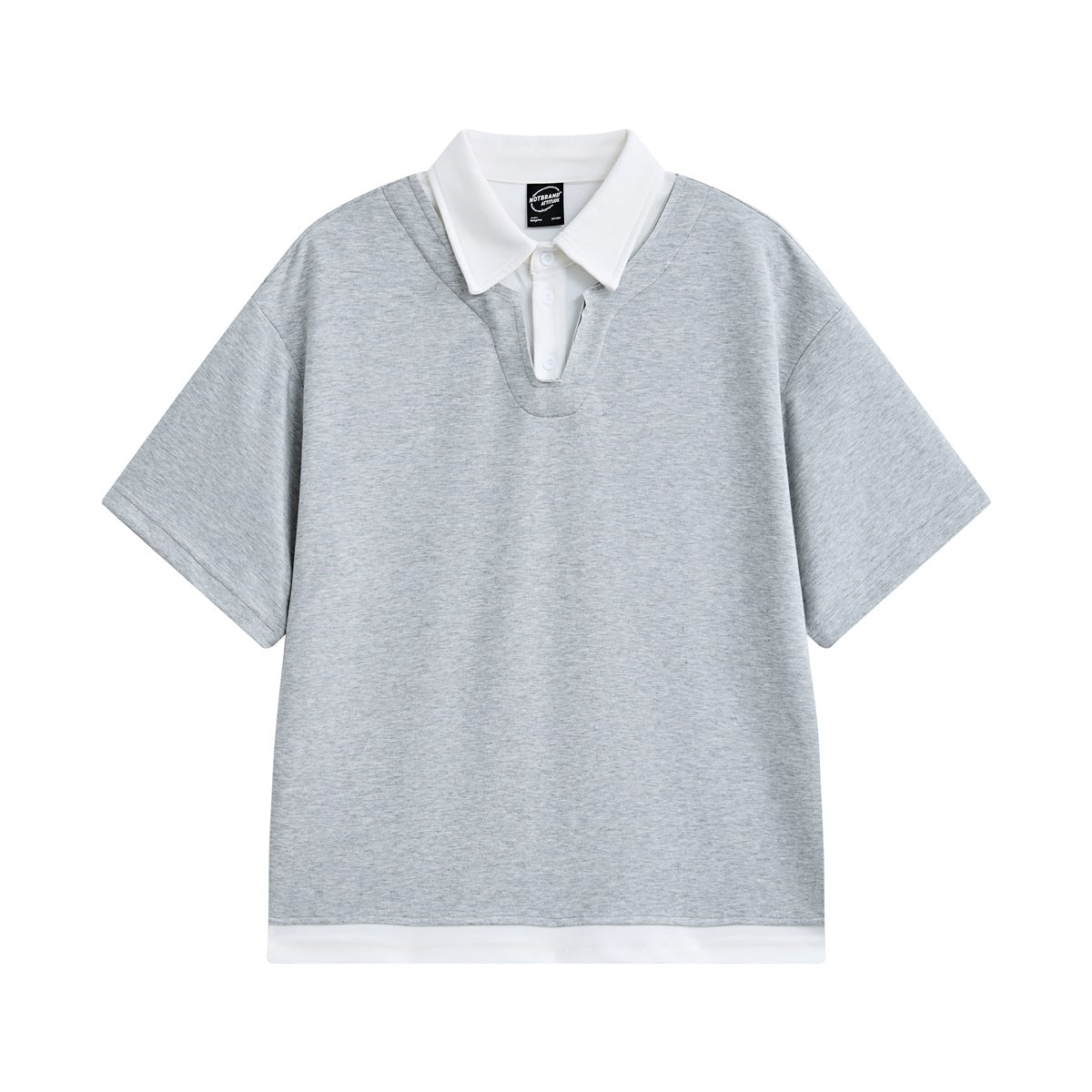 Heather gray short-sleeve polo-style top with white layered collar, two-button placket and white hem band, front view