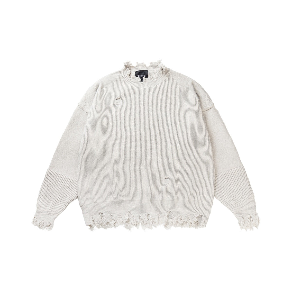 Light gray oversized rib-knit sweater with frayed collar, hem and cuffs, flat lay front view