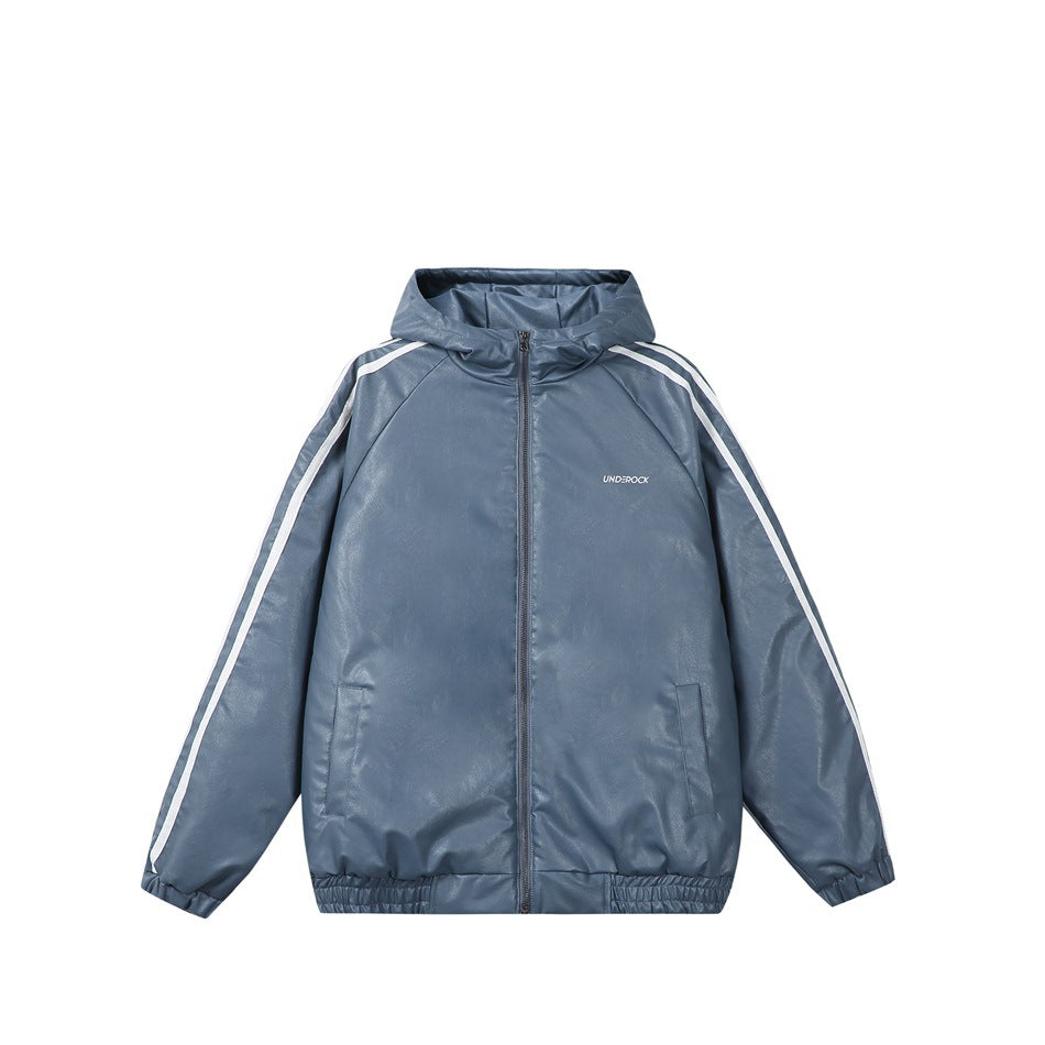 Blue-gray hooded zip-front leather-look jacket with white sleeve stripes and front pockets, flat lay