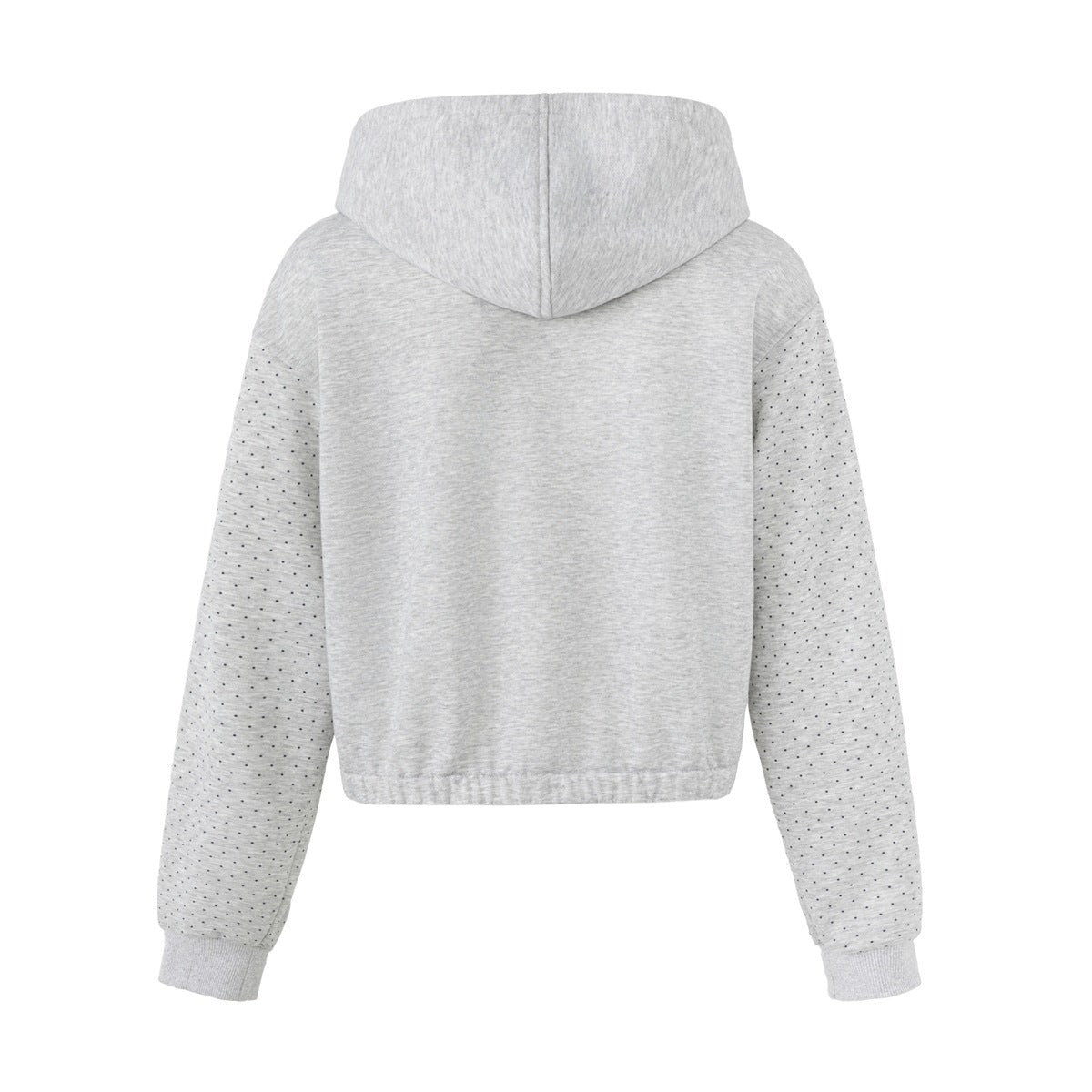 Back view of a light gray hoodie with a plain body, dotted sleeves, and ribbed cuffs and hem.