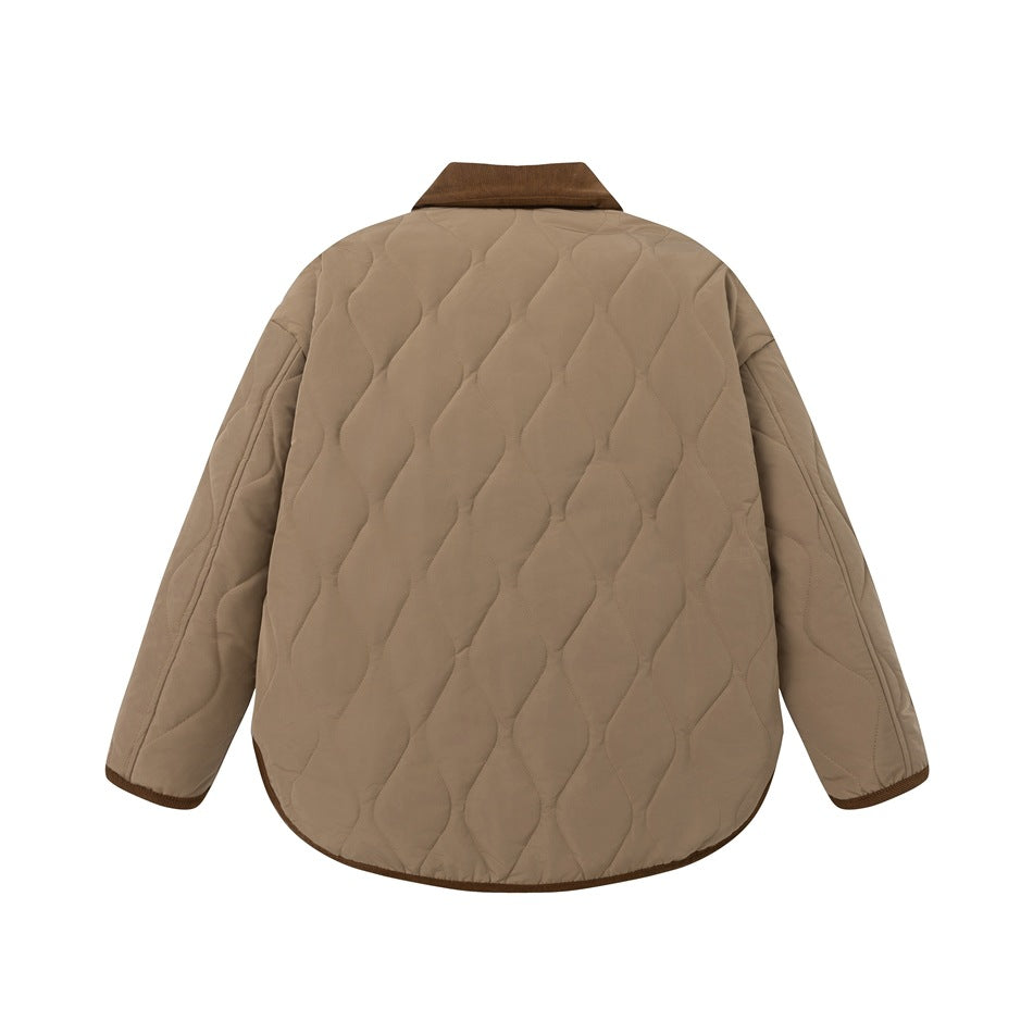 Back of a taupe quilted jacket with a brown collar and brown trim at the cuffs and hem.