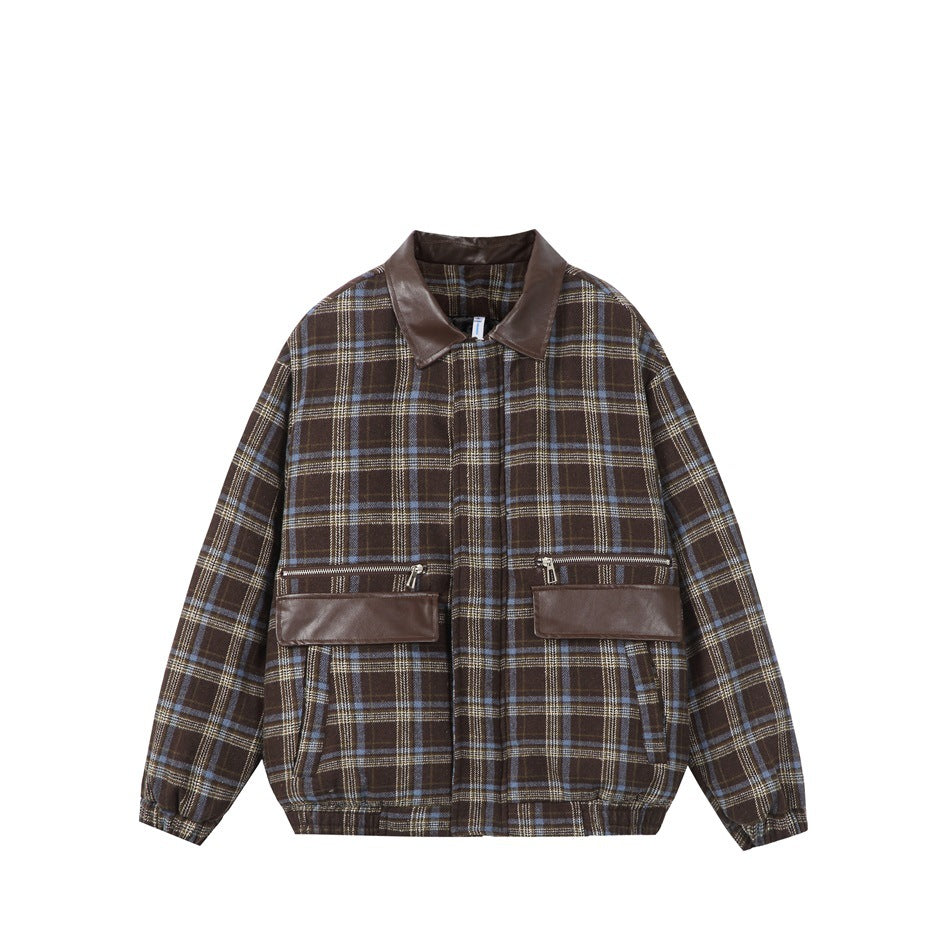 Brown plaid collared jacket with faux-leather collar, flap pockets and zipper details, front flat view