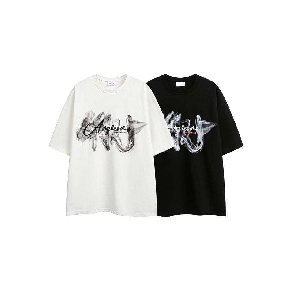White and black short-sleeve T-shirts shown from the front, each with a large gray-and-black chest graphic.
