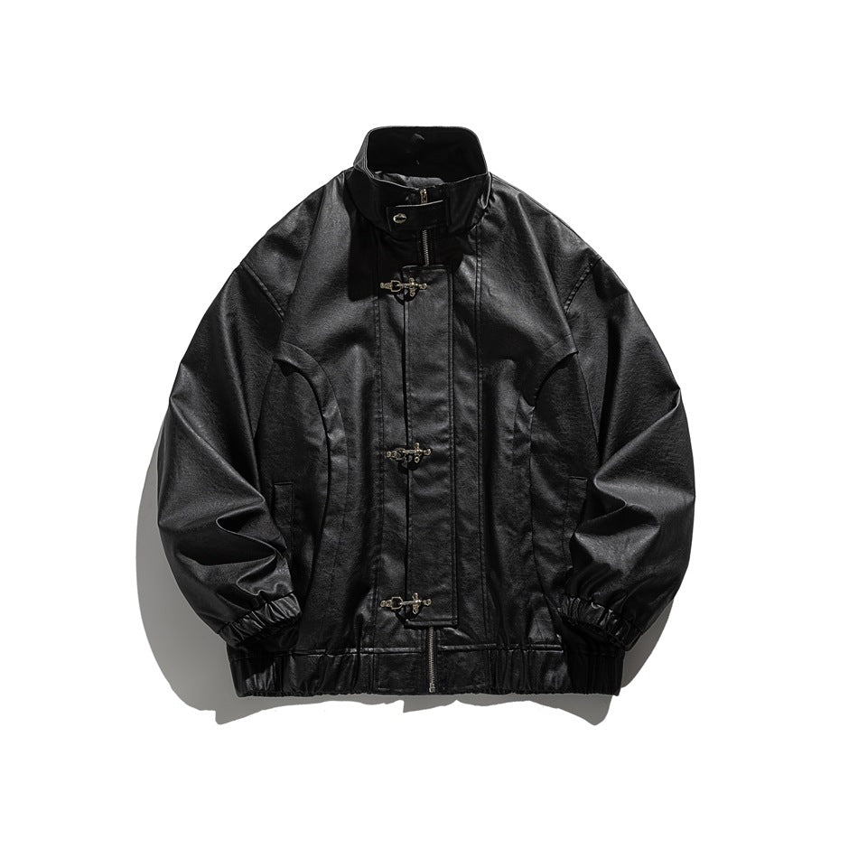 Black leather-look stand-collar jacket with metal hook clasps, front zipper and elastic cuffs, flat lay front view
