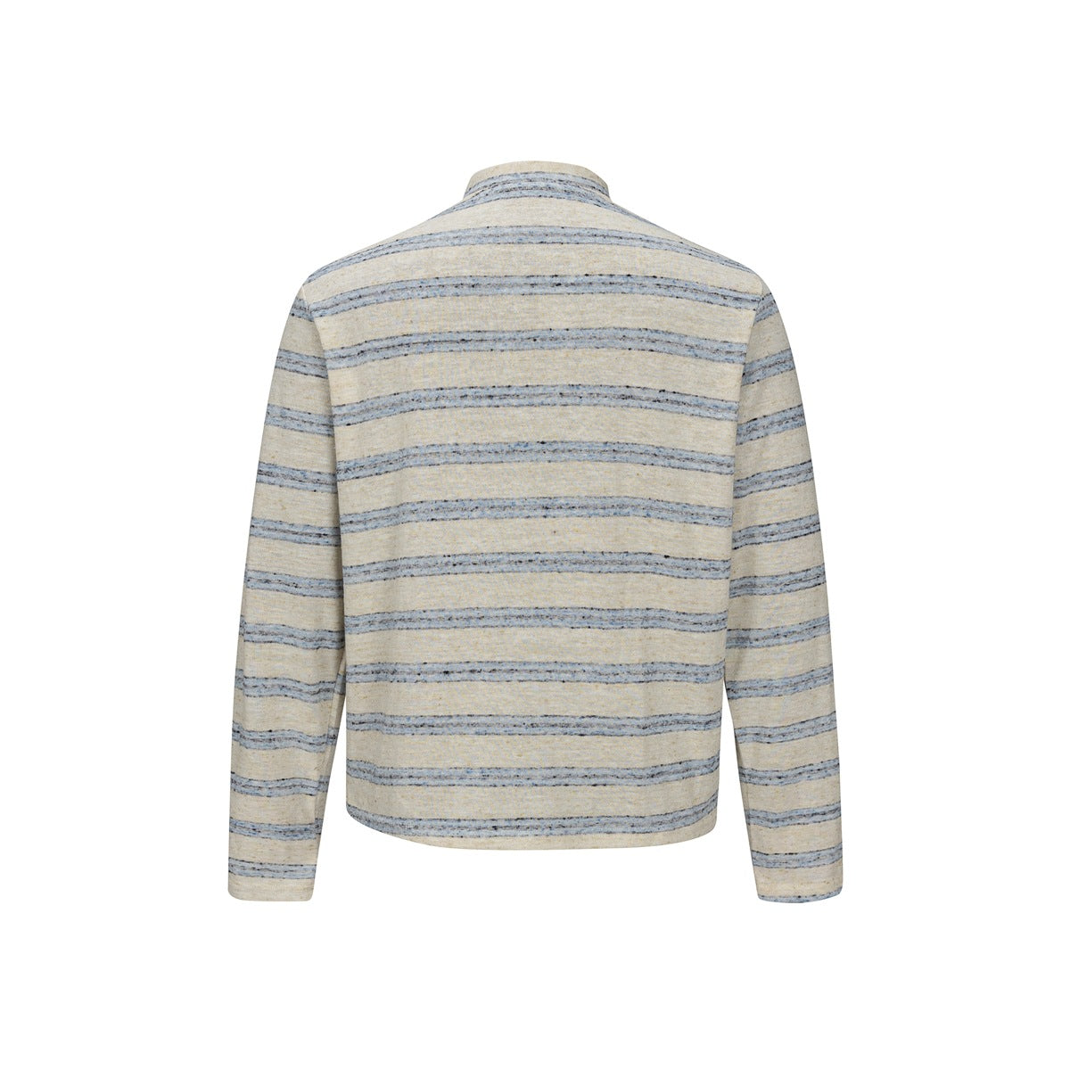 Back view of a cream long-sleeve top with horizontal blue-gray stripes and a short stand collar.
