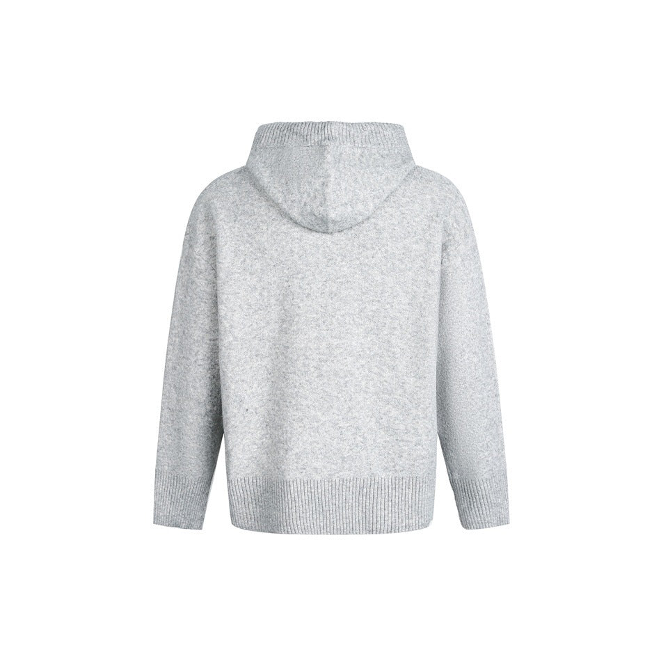 Back view of a light gray hooded sweater with ribbed cuffs and hem.