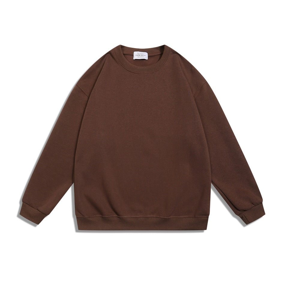 Brown crew neck sweatshirt flat lay, front view, with ribbed collar, cuffs and hem