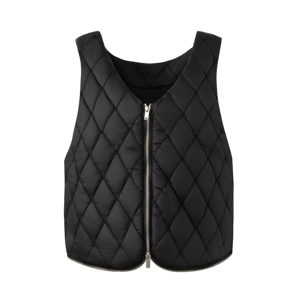 Front view of a black diamond-quilted sleeveless vest with a silver center zipper on a white background.