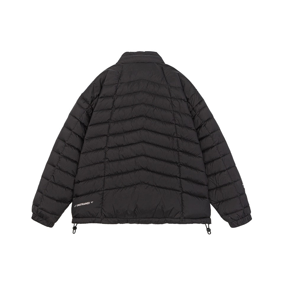 Back view of a black quilted jacket with chevron stitching, elastic cuffs, and adjustable hem toggles.