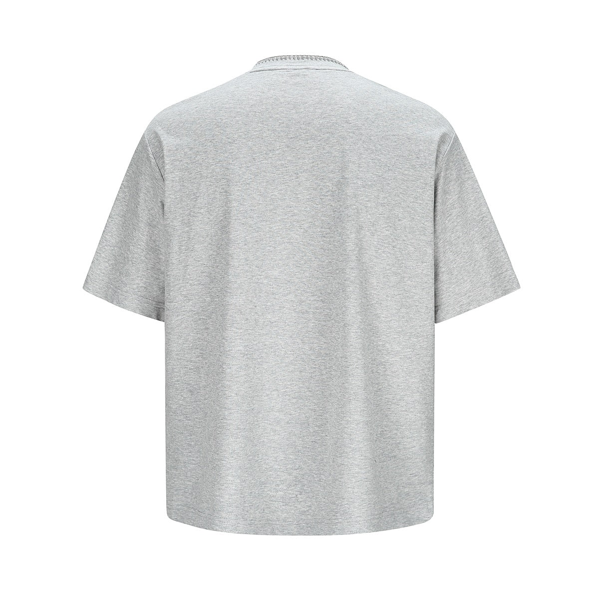 Back view of a plain light gray short-sleeve shirt with a rounded neckline.