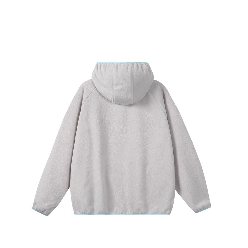 Back view of a light gray hooded jacket with long sleeves and pale blue trim at the hood, hem, and cuffs.