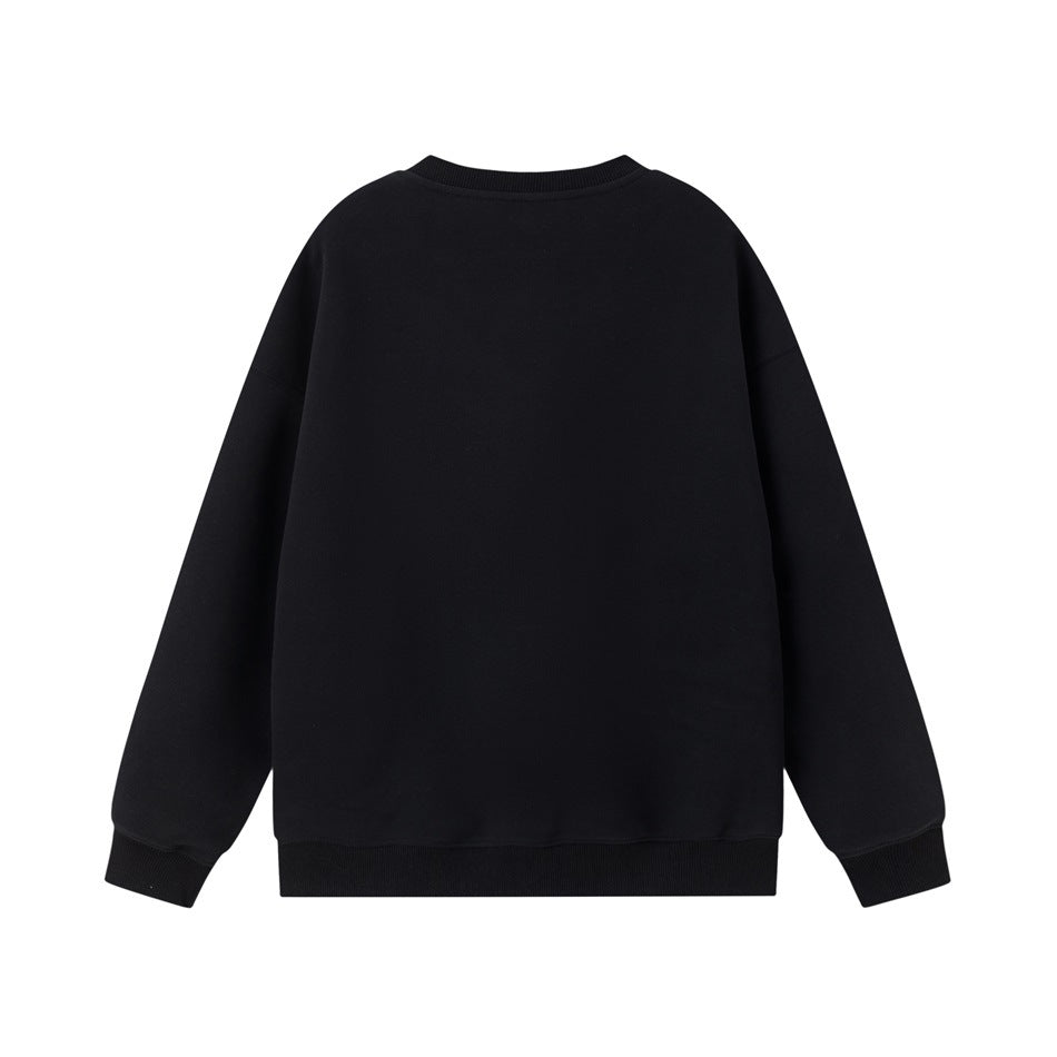 Back view of a plain black crew-neck sweatshirt with ribbed collar, cuffs and hem
