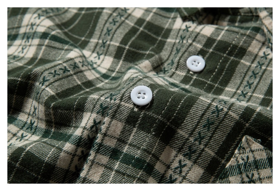 Close-up of two white buttons and the placket on a dark green and cream plaid shirt.