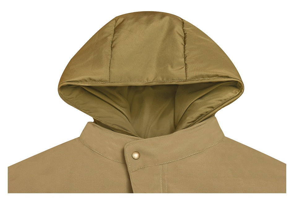 Close-up of a tan jacket’s hood and high snap-button collar, showing the hood lining and stitching.
