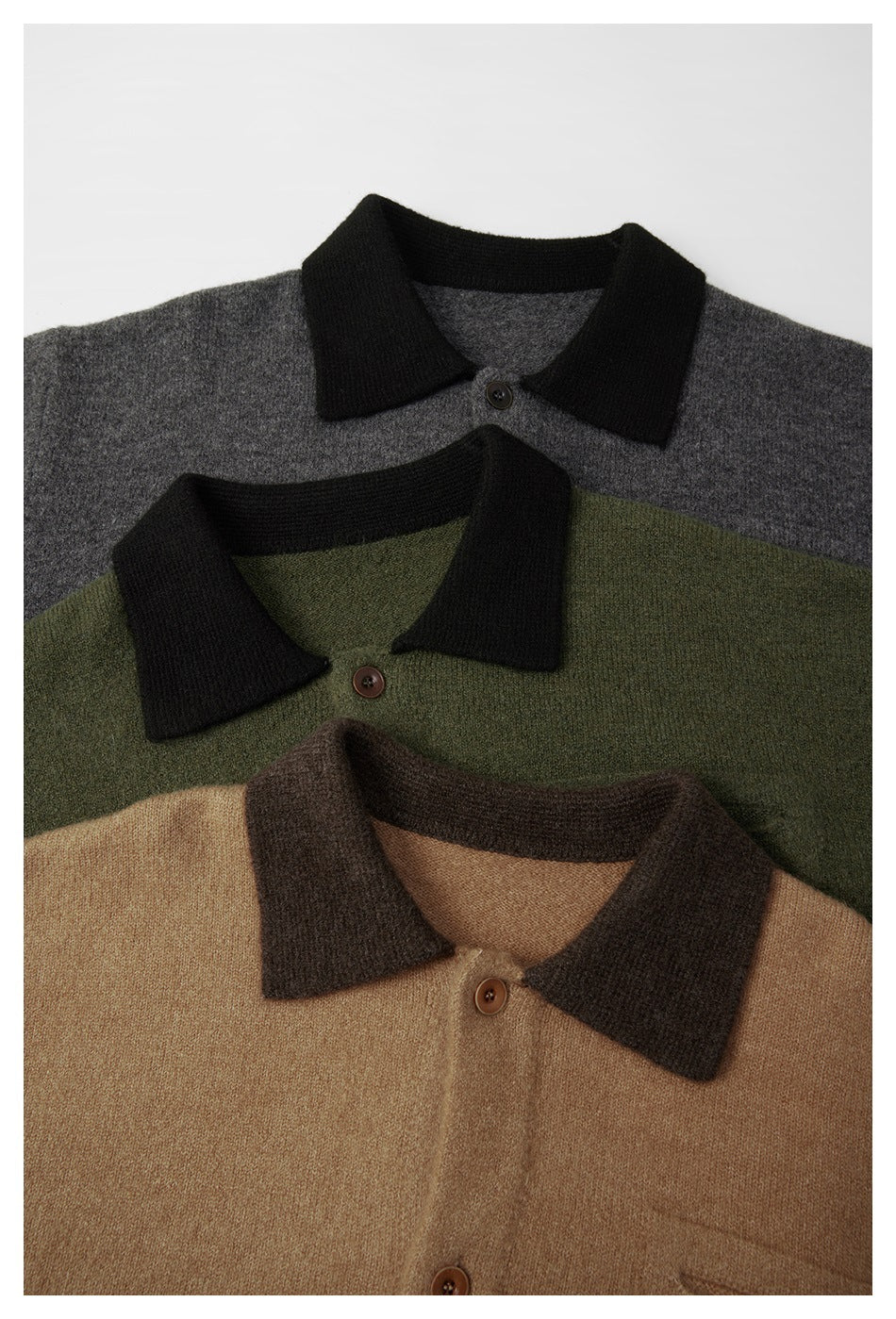 Three knit collared cardigans in charcoal gray, olive green, and camel, each with a dark contrasting collar and buttons.