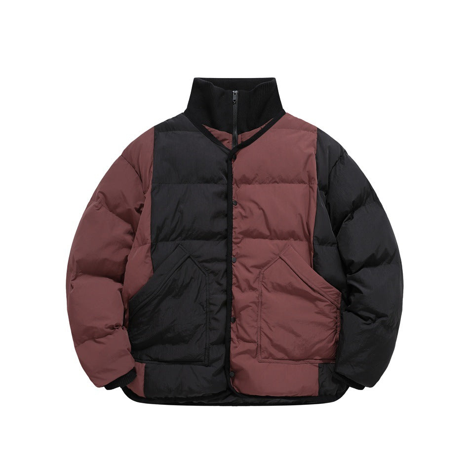 Dark red and black color-block quilted puffer jacket with black ribbed stand collar, snap placket and angled pockets