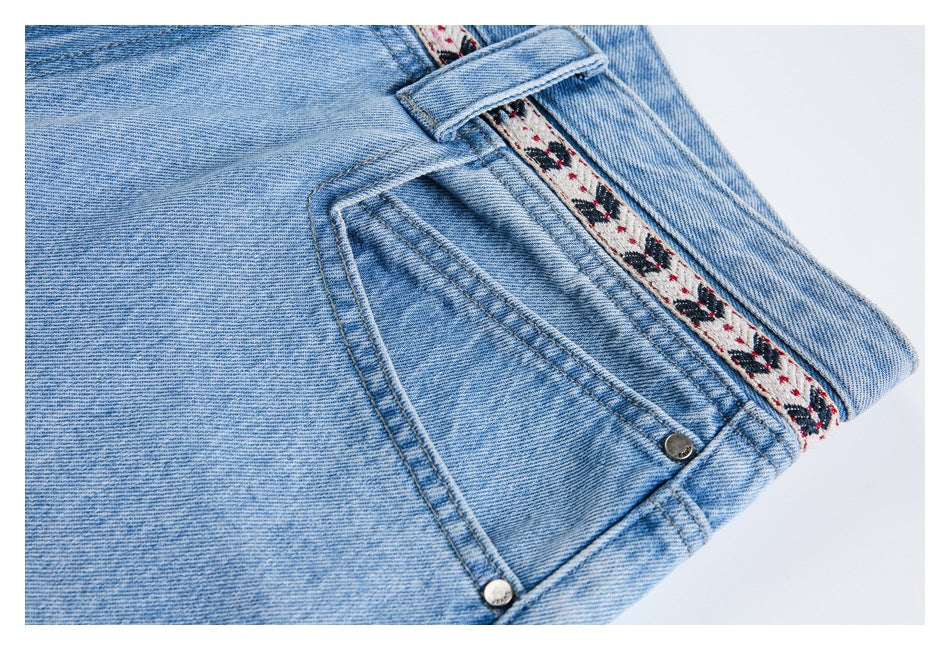 Close-up of a front pocket, rivets, denim stitching, belt loop, and patterned waistband trim.