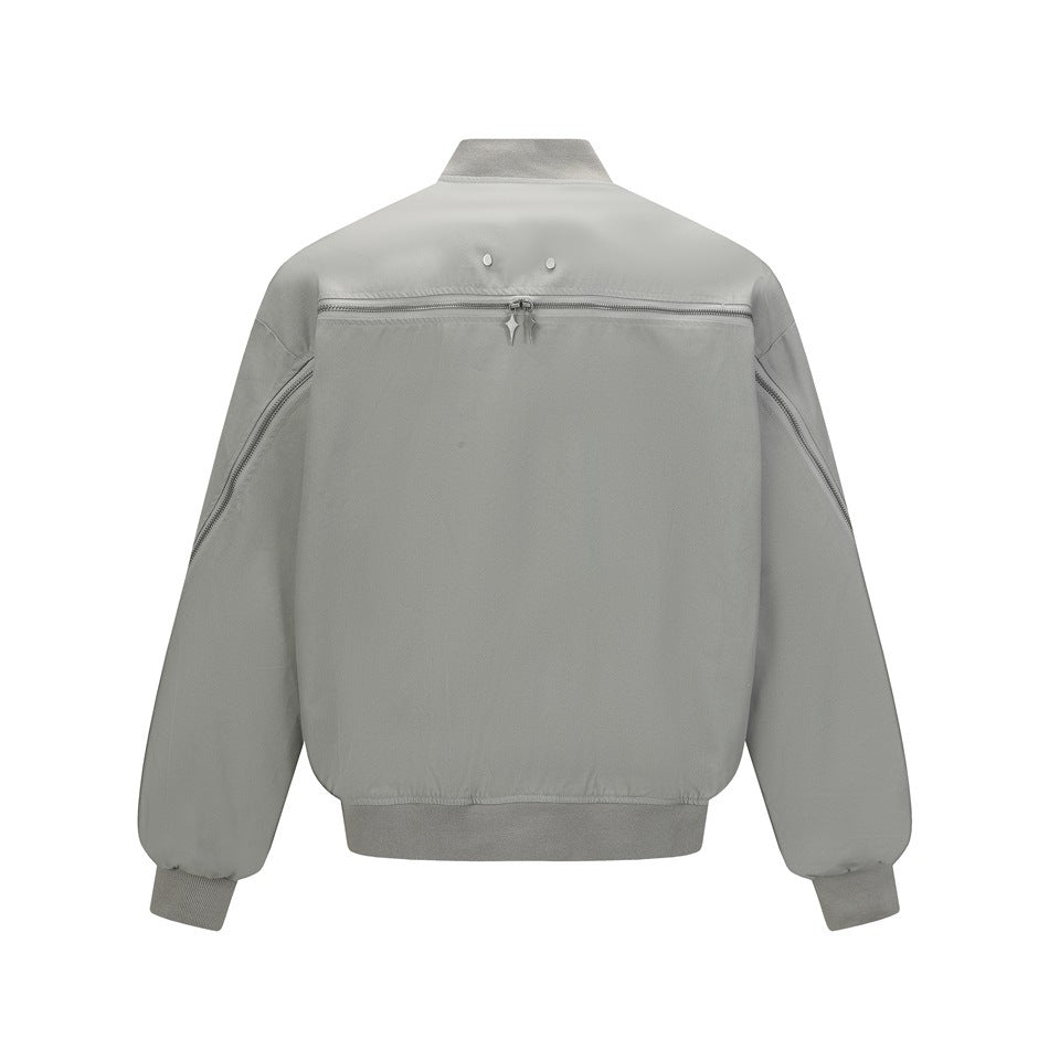 Light gray jacket shown from the back, with a horizontal zipper, zippered sleeves, ribbed cuffs and hem.