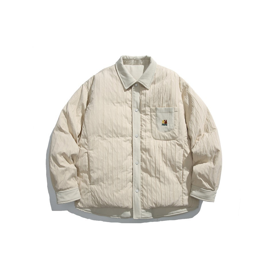 Off-white quilted shirt-style jacket, flat front view with snap buttons and chest pocket