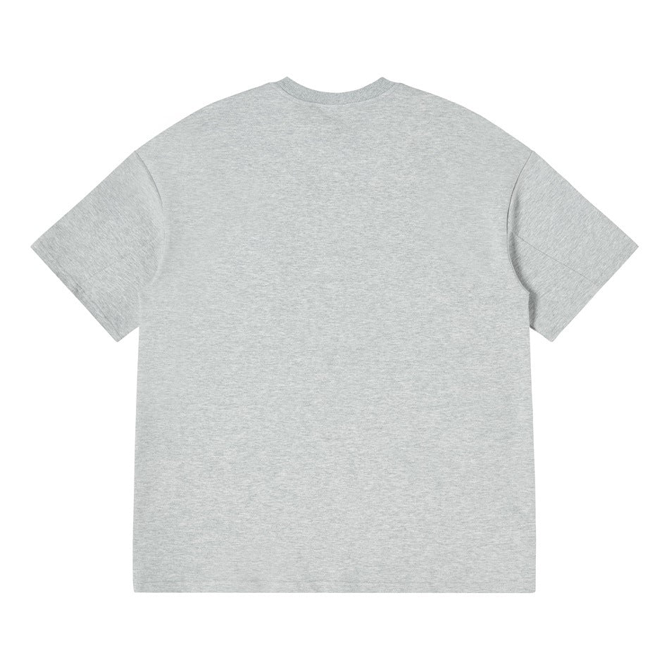 Heather gray short-sleeve crew-neck T-shirt, flat back view with ribbed collar