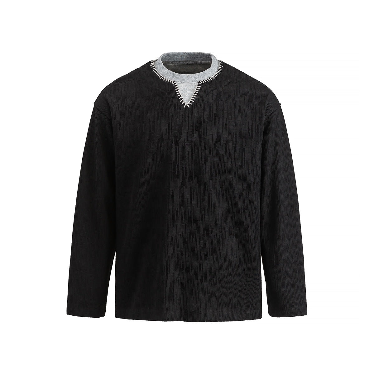 Black long-sleeve ribbed pullover with gray layered collar and white contrast stitching at the V neckline