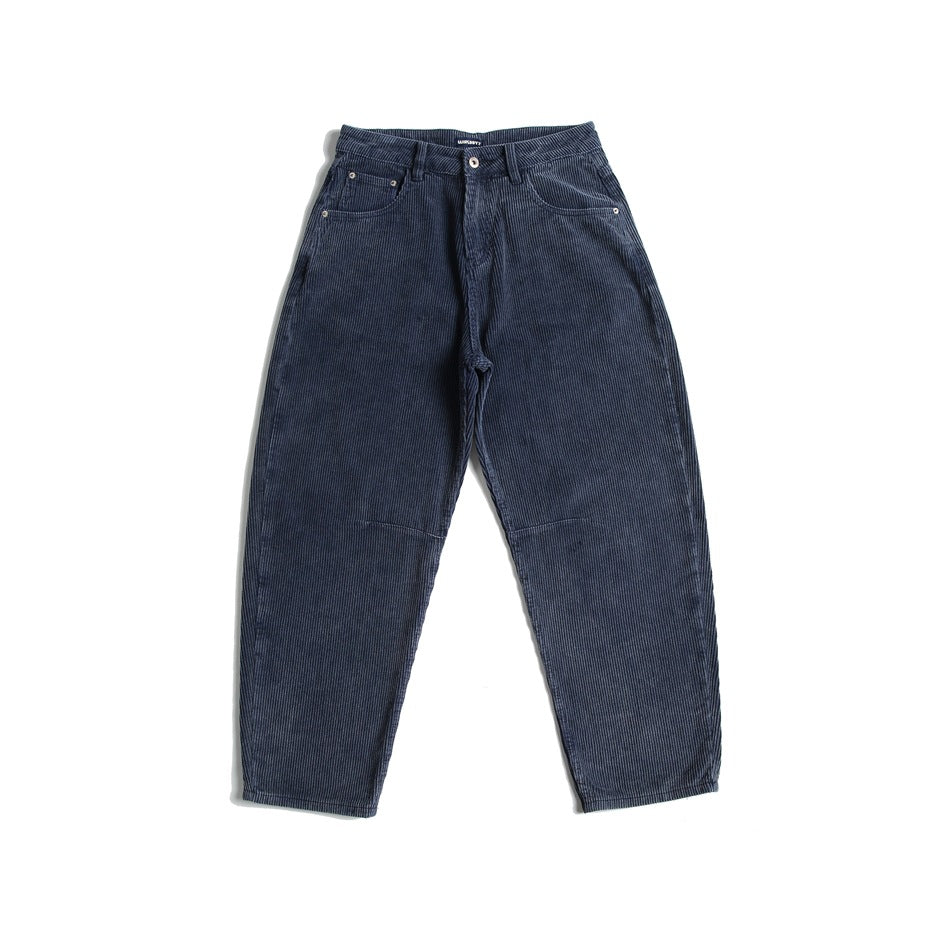 Blue wide-rib corduroy pants laid flat, front view, with a tapered leg and knee seams