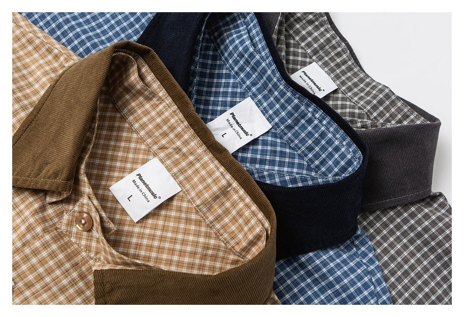 Close-up of tan, blue, and gray checked shirts showing their contrasting collars and sewn-in size labels.