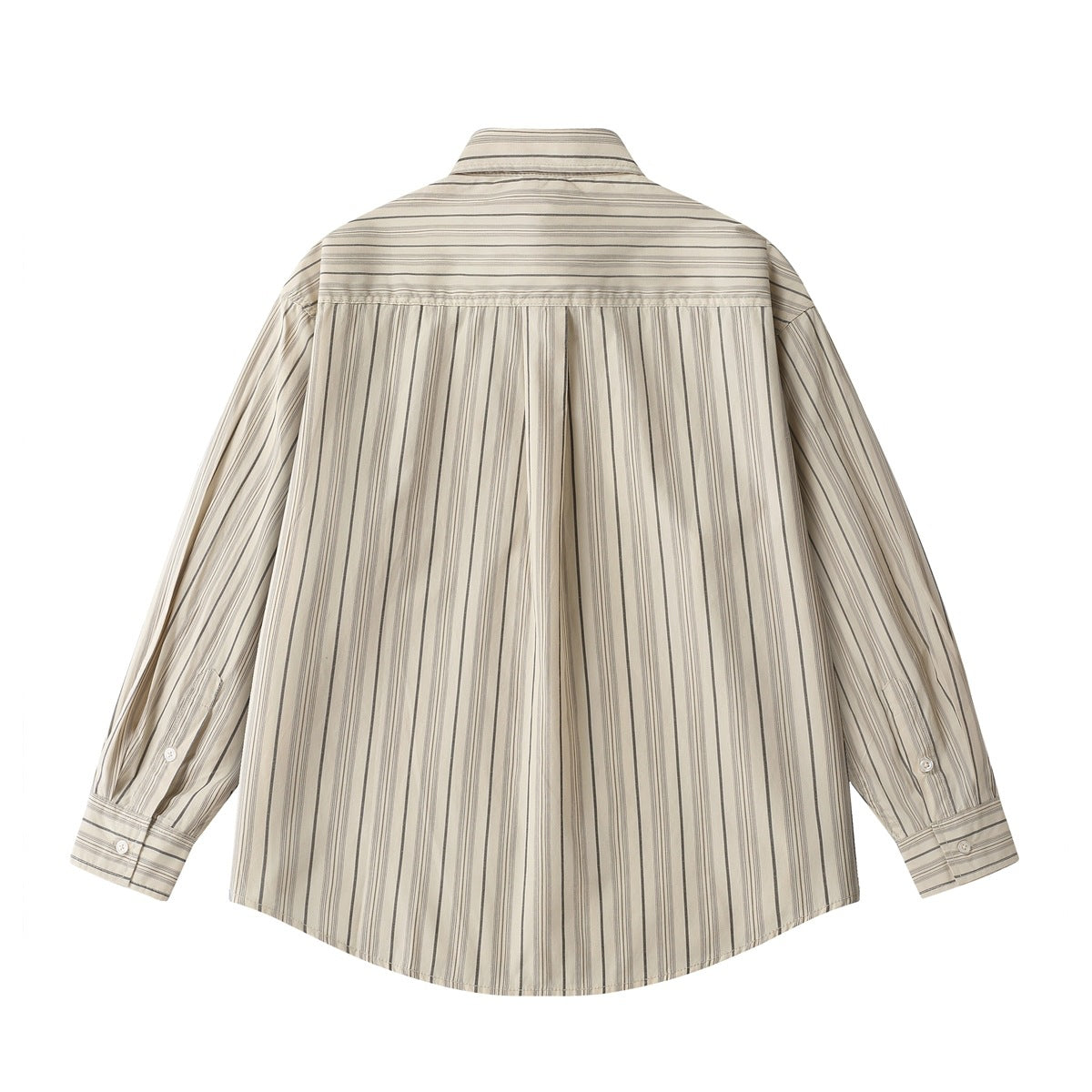 Back view of a light beige long-sleeved shirt with thin vertical stripes, a shoulder yoke, and a center pleat.
