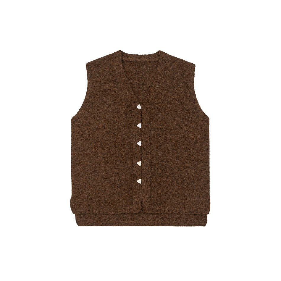 Brown knit V-neck vest with five off-white triangular buttons, shown flat from the front