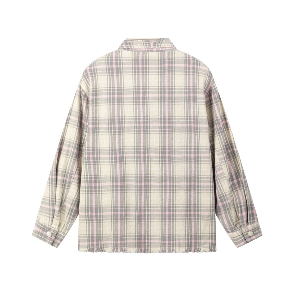 Back view of a cream, gray and pale pink plaid long-sleeve shirt with button cuffs and a frayed hem.