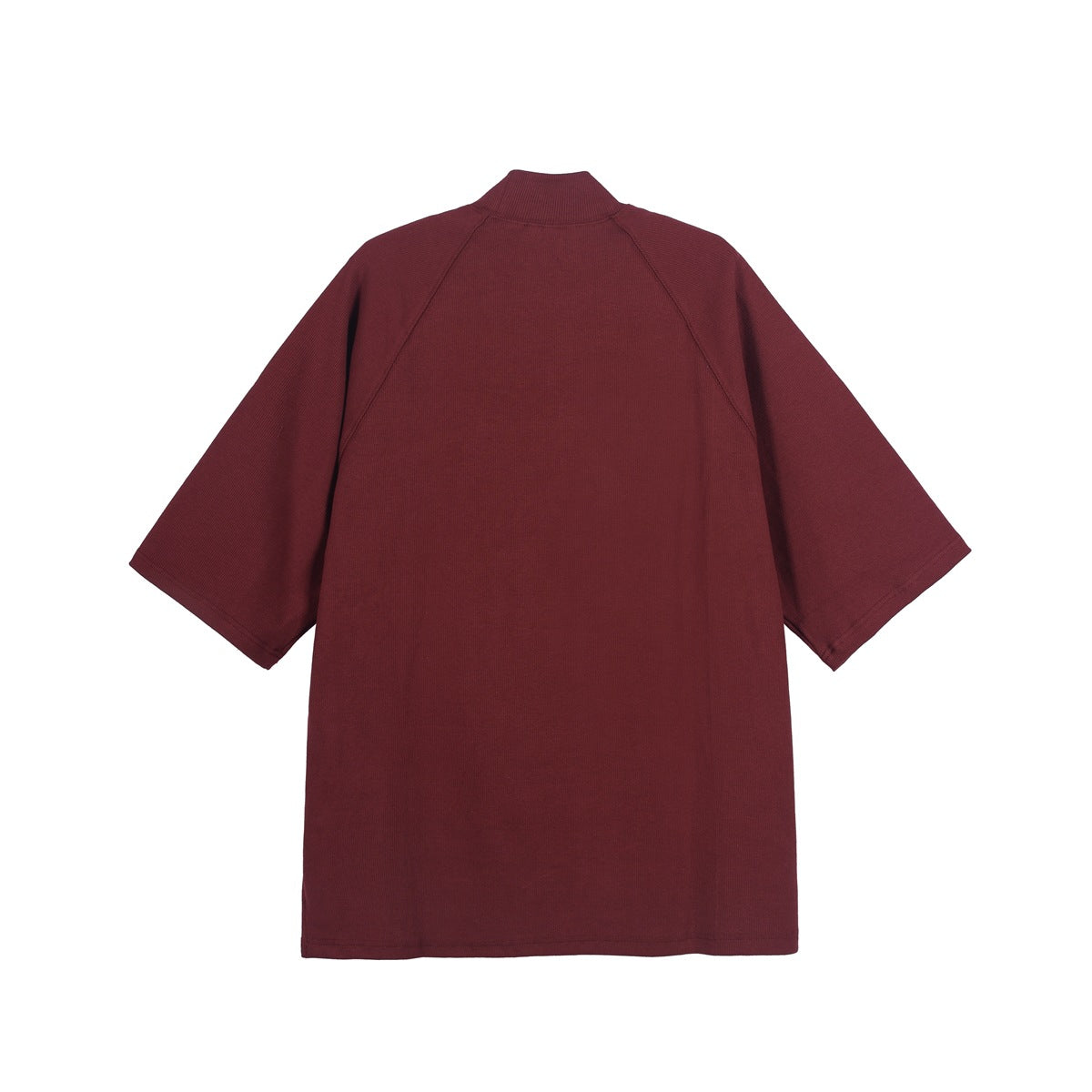 Back view of a deep burgundy short-sleeve top with a high collar and raglan seams, laid flat.